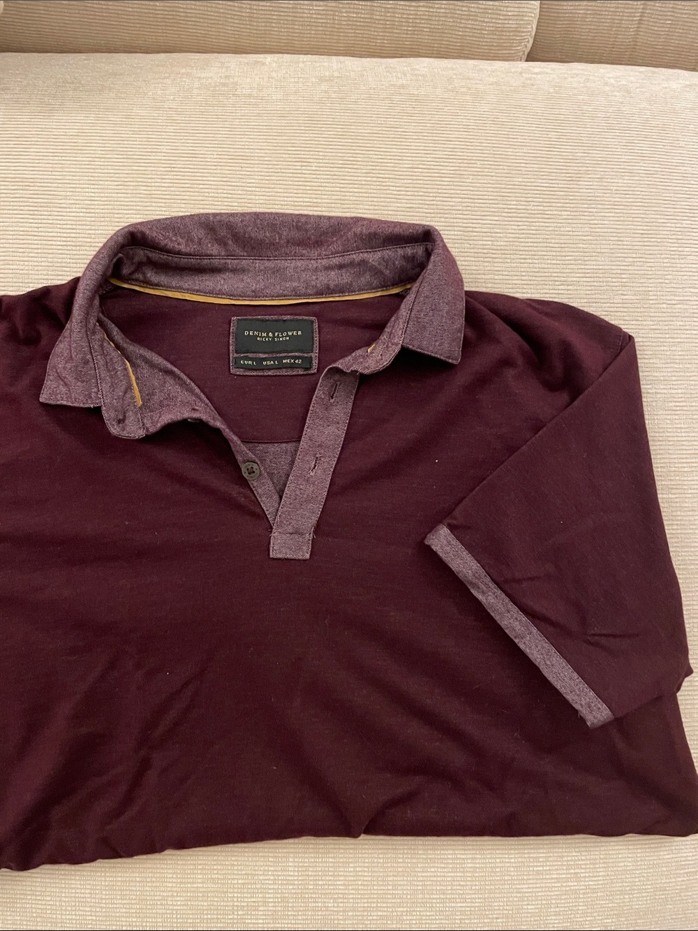Denim & Flower Men's size Large Dark Burgundy Polo with Red Heather Collar